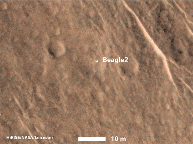 In this image provided by NASA an annotated image shows a bright feature interpreted as the United Kingdom's Beagle 2 Lander with solar arrays at least partially deployed on the surface of Mars. Two images taken months apart, with the sun at different angles, are merged in this view.