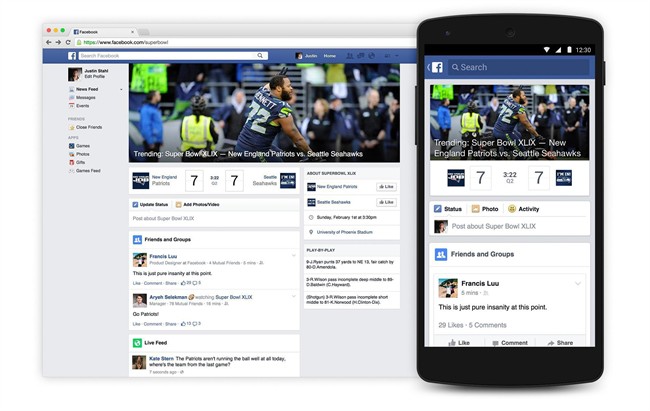 This image provided by Facebook, shows the apps Trending Super Bowl hub. As the latest step in Facebook's focus on sports, it is launching Trending Super Bowl for Sunday's NFL Super Bowl XLIX football game between the new England Patriots and Seattle Seahawks. It will be a dedicated real-time hub where followers can not only check the scoreboard module, but also read content posted by professional media, celebrities and friends, and view video and official photos from the game.