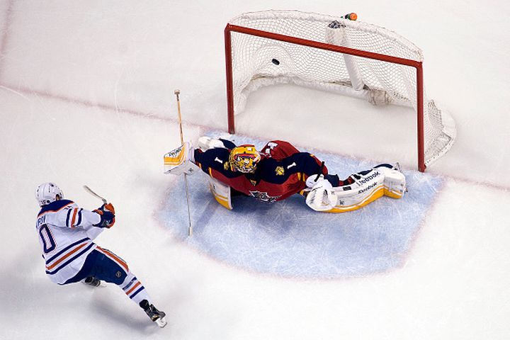 Nail Yakupov #10 of the Edmonton Oilers scores the winning goal in a shootout against Goaltender Roberto Luongo #1 of the Florida Panthers at the BB&T Center on December 17, 2015 in Sunrise, Florida.