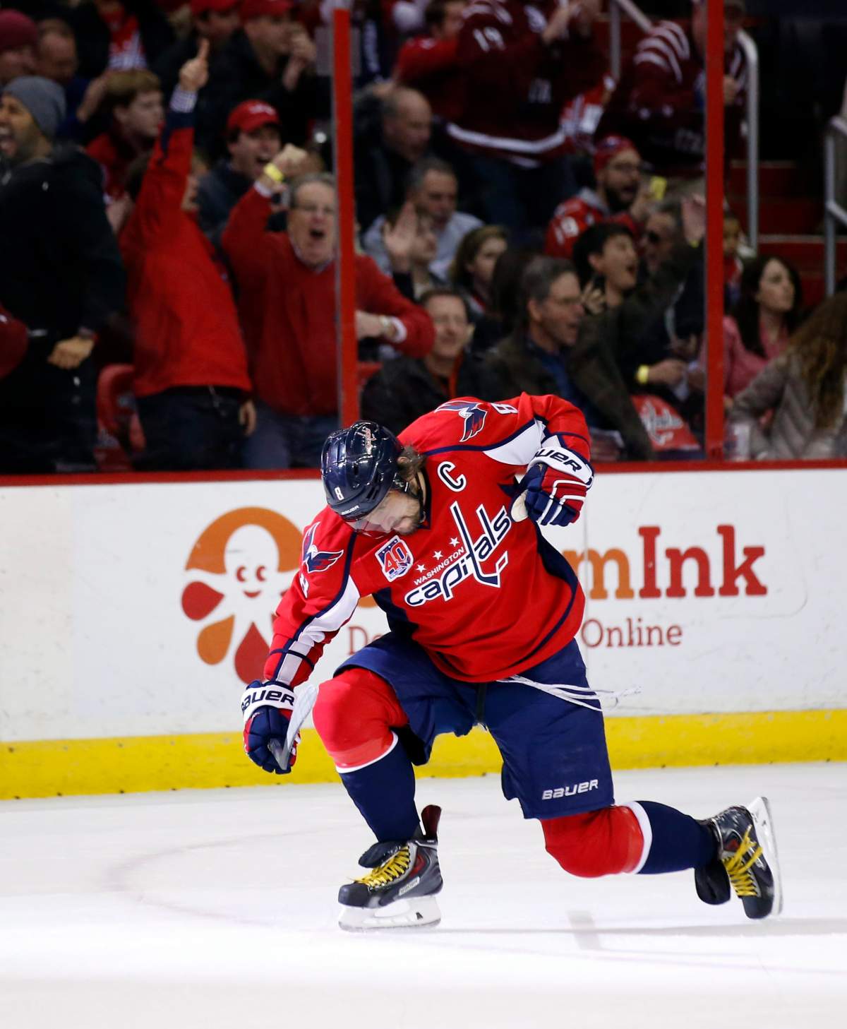 Washington Capitals left wing Alex Ovechkin (8), from Russia, celebrates his second goal in the first period of an NHL hockey game against the Edmonton Oilers, Tuesday, Jan. 20, 2015, in Washington.