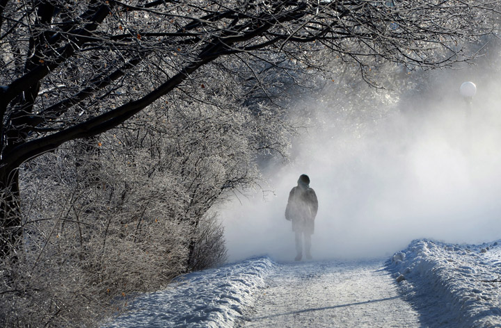 A pedestrian makes her way through a cloud of snow being created by a snowblower on the Rideau Canal Skate Way in Ottawa on Monday, January 5, 2015. 