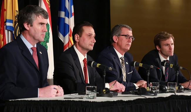 Left to right: Nova Scotia Premier Stephen McNeil, Prince Edward Island Premier Robert Ghiz, Newfoundland and Labrador Premier Paul Davis and New Brunswick Premier Brian Gallant hold a news conference following the 25th Council of Atlantic Premiers in St.John's on Jan.19, 2015.