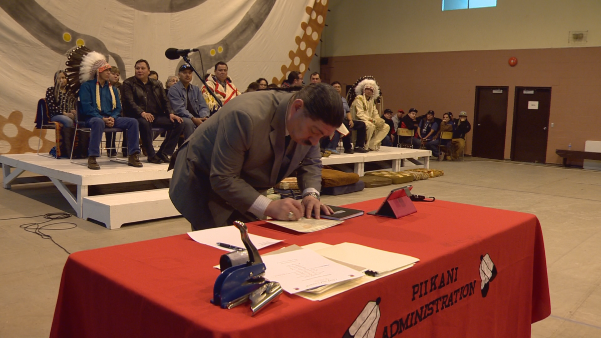 Chief Stanley Charles Grier is sworn in as leader of the Piikani nation.