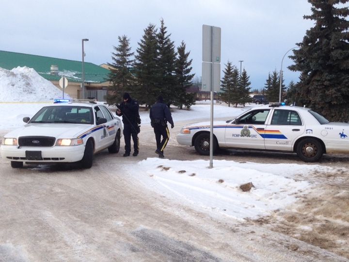 RCMP search for a suspect near Apex Casino in St. Albert after two officers were shot Saturday morning. 