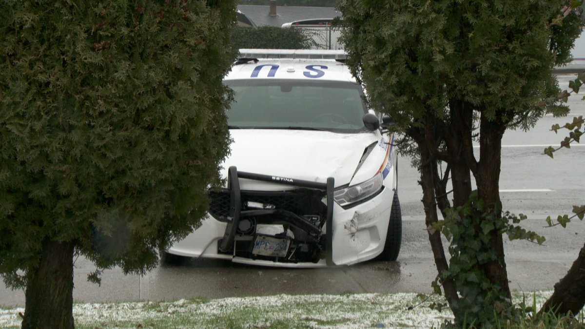 Three RCMP vehicles, including this one, were damaged by a man in Surrey who stole a truck and tried to escape. 