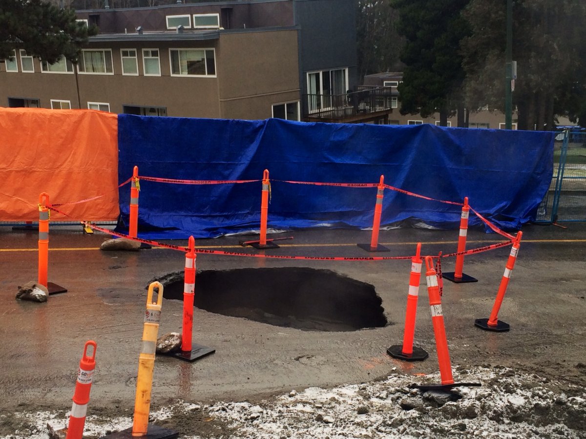 A second sinkhole formed above the Evergreen Line construction in Port Moody on Friday, Jan. 2.