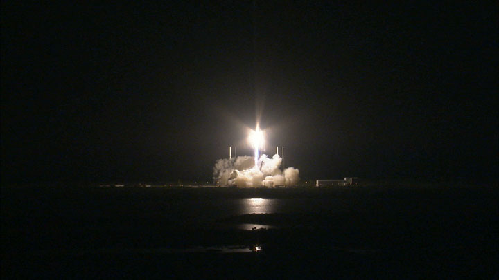 A SpaceX Dragon spacecraft on a Falcon 9 rocket launches from Cape Canaveral Air Force Station in Florida at 4:47 a.m. EST on Jan. 10, 2014. 