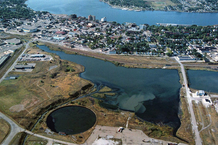 An aerial view of Sydney Nova Scotia shows part of the tar ponds.