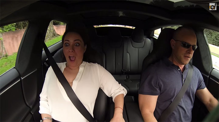 The video, shared by auto site DragTimes on YouTube, shows unwitting passengers squealing, swearing and hanging on for dear life as the vehicle accelerates to over 60 mph in just 3.2 seconds.