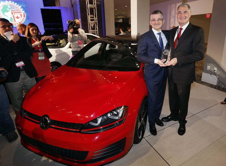 Michael Horn, left, president and CEO of Volkswagen Group of America, Inc., and Heinz-Jakob Neuber, member of the board of management for the Volkswagen brand in January.