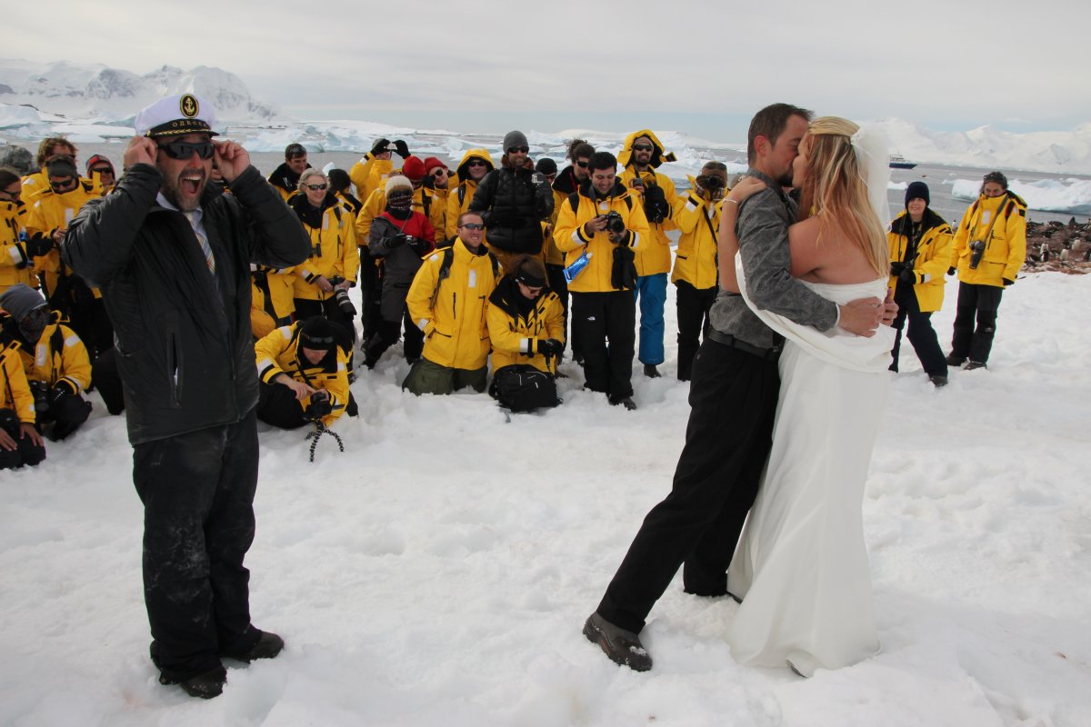 Jodie Lewis and Paul Catharine were married on December 11, 2014, "in front of thousands of penguins and icebergs" on  Cuverville Island, Antarctica.