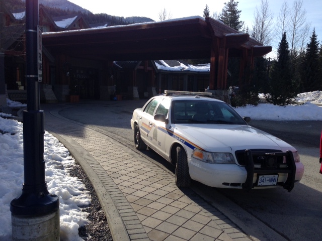 A police car outside the Aava Hotel in Whistler.