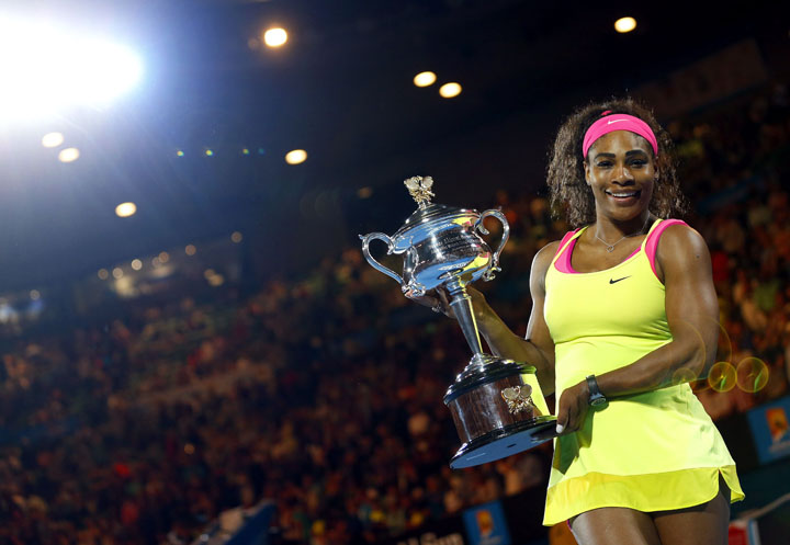 Serena Williams holds her trophy at the Australian Open in Melbourne, Australia on Jan. 31, 2015.