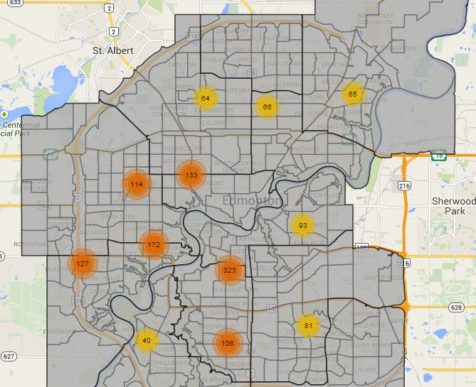 Edmonton’s 311 Explorer Map shows where the most pothole complaints are. Feb. 23, 2015.