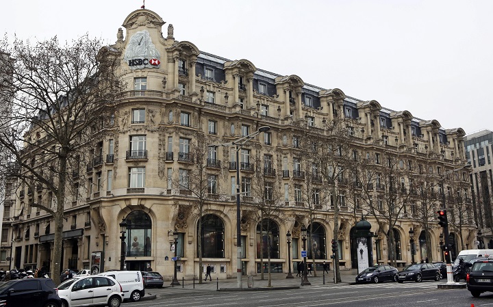 The building of HSBC France headquarters on the Champs-Élysées in Paris, Monday Feb. 9, 2015. 