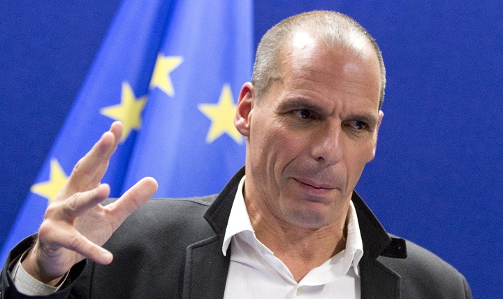 Greek Finance Minister Yanis Varoufakis speaks during a media conference after a meeting of eurogroup finance ministers in Brussels on Friday, Feb. 20, 2015.
