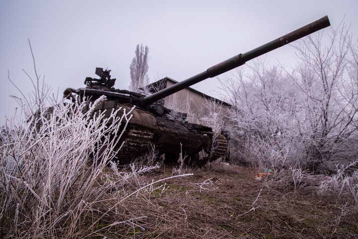 A Ukrainian army tank is parked at a base near the village of Peski, Donetsk region, on February 16, 2015. 