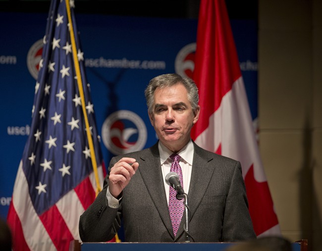 Alberta Premier Jim Prentice gestures during his keynote address at the US Chamber of Commerce in Washington,Wednesday, Feb. 4, 2015.