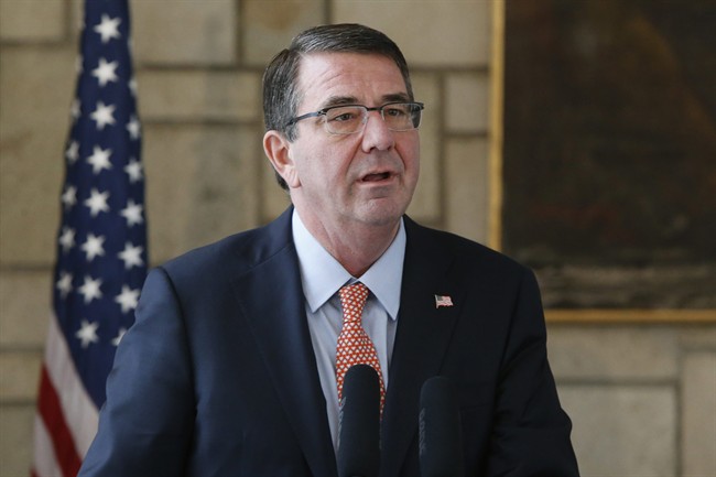 U.S. Defense Secretary Ash Carter makes remarks during a news conference with Afghan President Ashraf Ghani at the Presidential Palace in Kabul, Afghanistan, Saturday, Feb. 21, 2015.