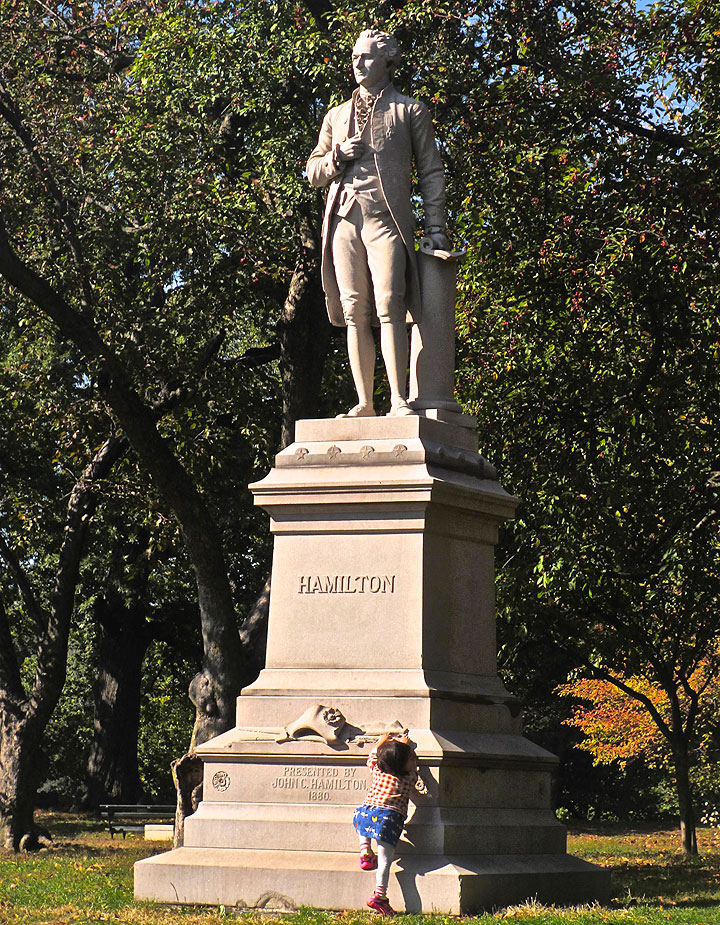 This Oct. 25, 2014 photo shows a statue of Alexander Hamilton in Central Park in New York City. It’s one of a number of places in New York and New Jersey connected to Hamilton, the first U.S. treasury secretary. A new off-Broadway musical, “Hamilton,” tells the story of Hamilton’s rise from immigrant orphan to George Washington’s right-hand man during the American Revolution.