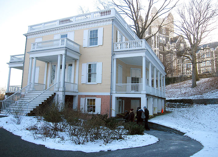 This Jan. 10, 2015 photo shows The Grange, the home that Alexander Hamilton moved his family into in 1802 in the Harlem section of New York City. A new musical, "Hamilton," has just opened off-Broadway in New York, using hip-hop and history to tell the story of Hamilton's rise from immigrant orphan to George Washington's right-hand man. Hamilton was fatally shot in a duel with Aaron Burr just two years after moving to The Grange. The building in the background is City College, part of the City University of New York.