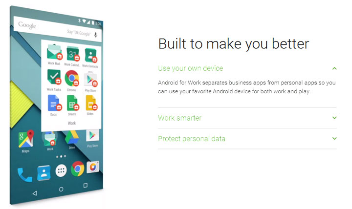 Android for Work will be automatically available on phones running on the most recent release of the operating system, "Lollipop," or version 5.0.