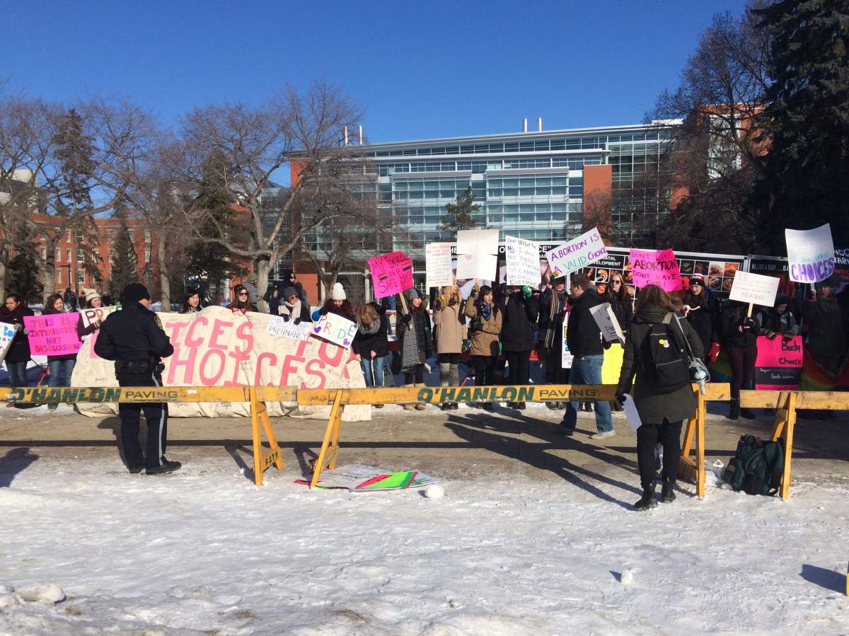 A group supporting pro-choice holds a demonstration at the University of Alberta, Monday, Mar., 3, 2015. 