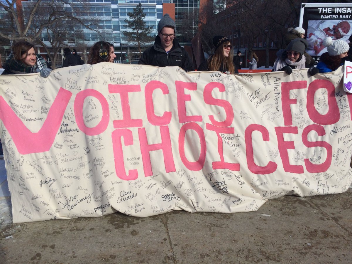 A group supporting pro-choice holds a demonstration at the University of Alberta, Monday, Mar., 3, 2015. 
