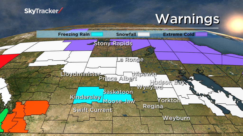Freezing rain warnings south of Saskatoon, snowfall warnings north and east of the city..