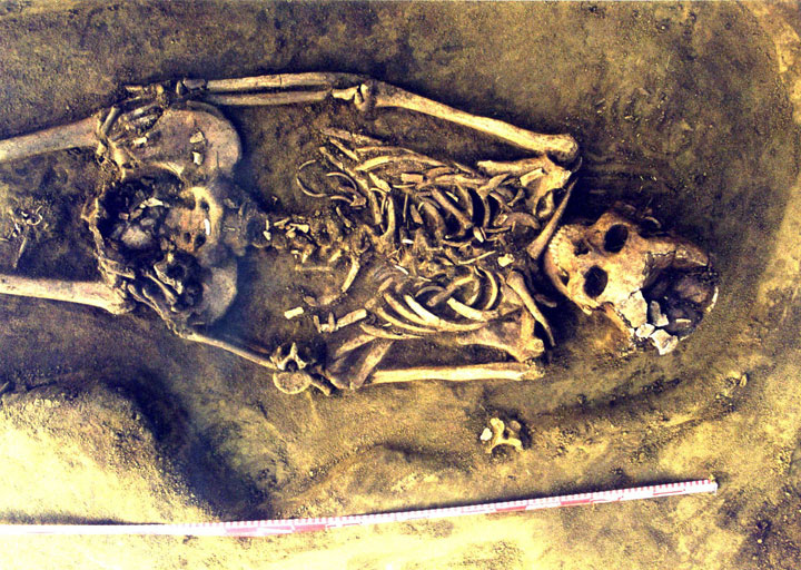 This photo features the bones of the mother in her grave and shows the fatal remains in her abdominal/pelvic area. It was taken by the co-author Vladimir Bazaliiskii.