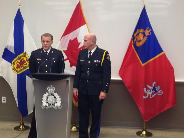 Assistant Commissioner/ Nova Soctia RCMP Commanding Officer  Scotia Brian Brennan  and Jean- Michel Blais, Chief of Halifax Regional Police at a press conference on Friday February 13, 2015.