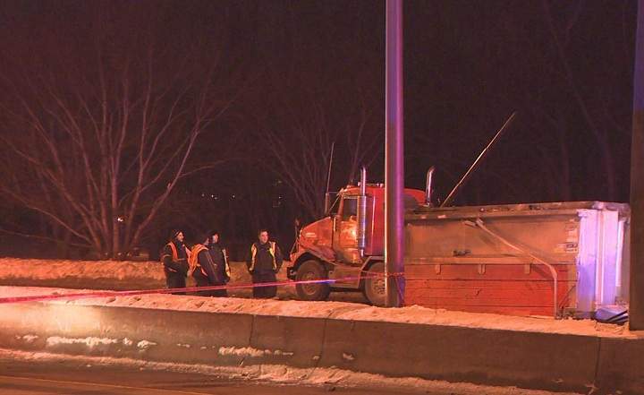 The snow removal truck responsible for the collapse of a pedestrian walkway in Longueuil on February 10, 2015.