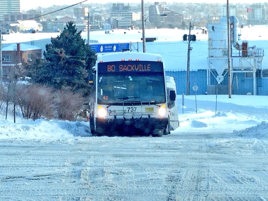 A Metro Transit bus is stuck while trying to make it up a hill in Halifax