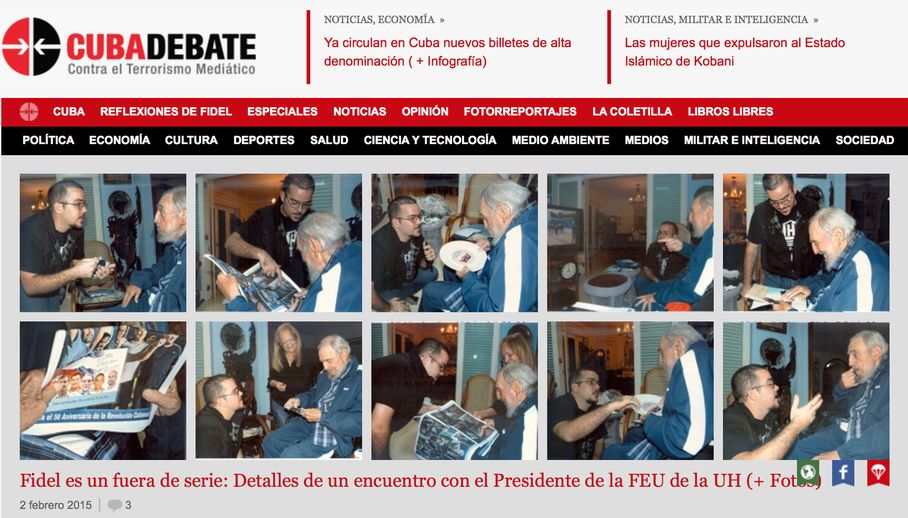 A screenshot of Cuba's website Cubadebate shows ten photos of Fidel Castro on their opening page in Havana, Cuba, Tuesday Feb. 3, 2015.  The photos published around midnight on Monday are the first images of the revolutionary leader since a set of photos came out in August showing him talking with Venezuelan President Nicolas Maduro.(AP Photo).