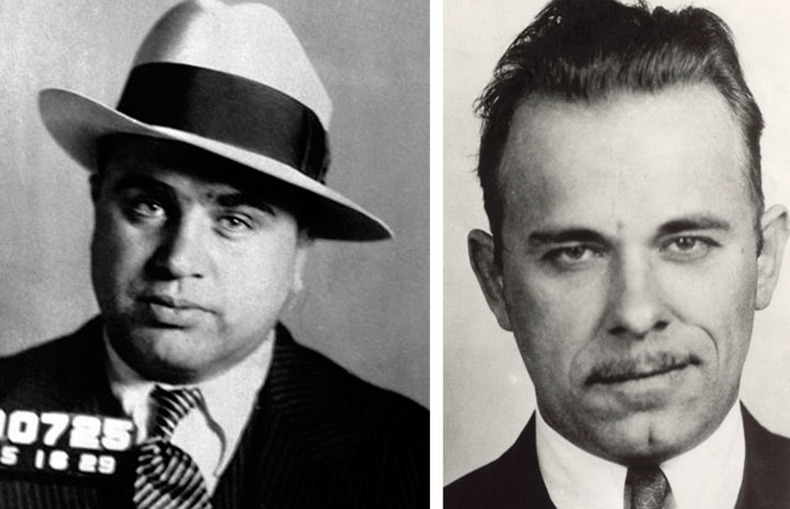 Al Capone, left, and John Dillinger, pictured in police photos.