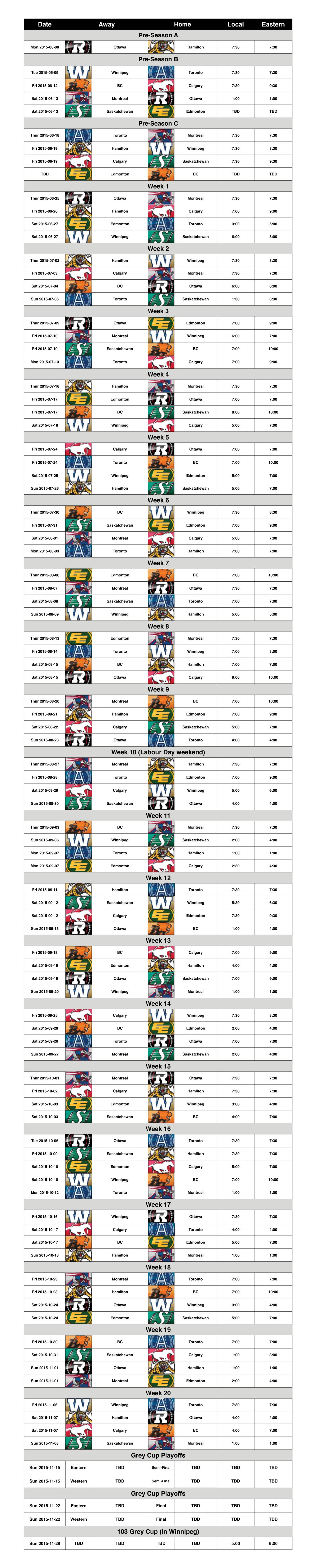 CFL Season Schedule 