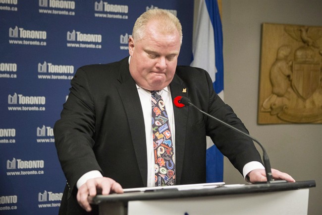 Former Toronto Mayor Rob Ford addresses media at City Hall in Toronto, Tuesday, Nov.5, 2013, when he admitted to smoking crack cocaine.