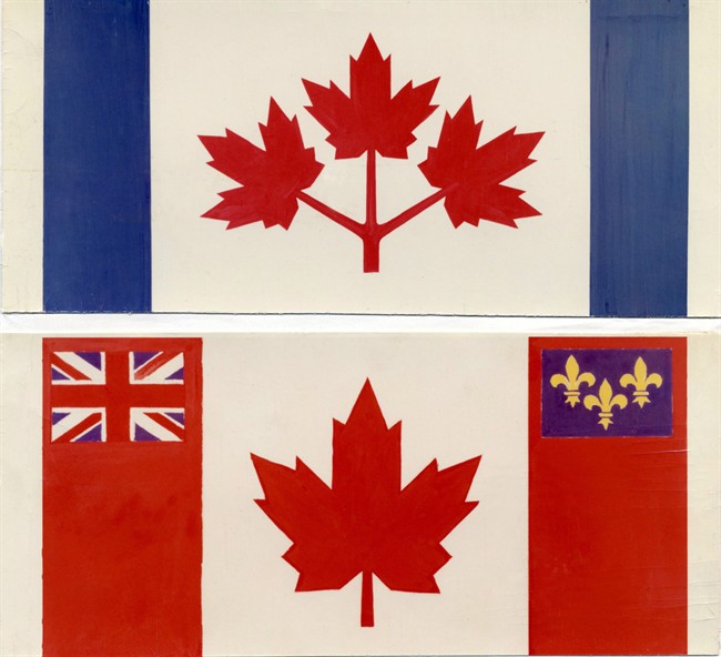 These are two of the final three flag designs considered in 1964 to replace the Canada\’s red ensign flag. One features a trio of redmaple leaves with blue stripes on either side while the other features the accepted design with Union Jack and Fleur-de-Lys.