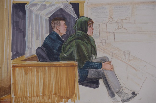 In this artist's sketch, John Nuttall (left) and Amanda Korody appear in court in Vancouver, Monday. Feb.2, 2015. A man accused of plotting to bomb the British Columbia parliament buildings on Canada Day with his wife quoted terrorist Osama bin Laden and spoke of plans to fire homemade rockets at the provincial legislature, an undercover RCMP officer told the couple's trial Tuesday. THE CANADIAN PRESS/Felicty Don.