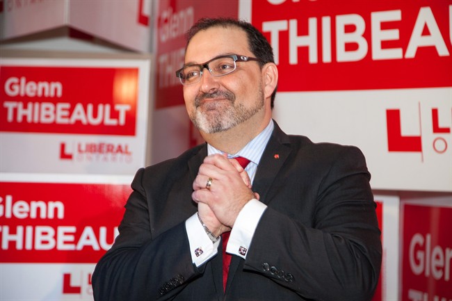 Liberal Glenn Thibeault celebrates his byelection win in Sudbury, Ontario on Thursday Feb. 5, 2015.
