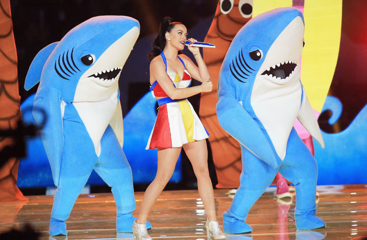 Katy Perry performs at the Super Bowl halftime show with two dancing sharks.