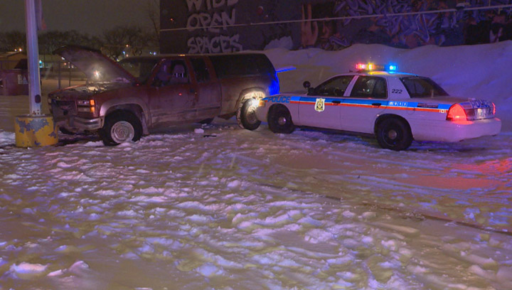 Crash into pole ends chase with stolen truck that damaged one Saskatoon police car.