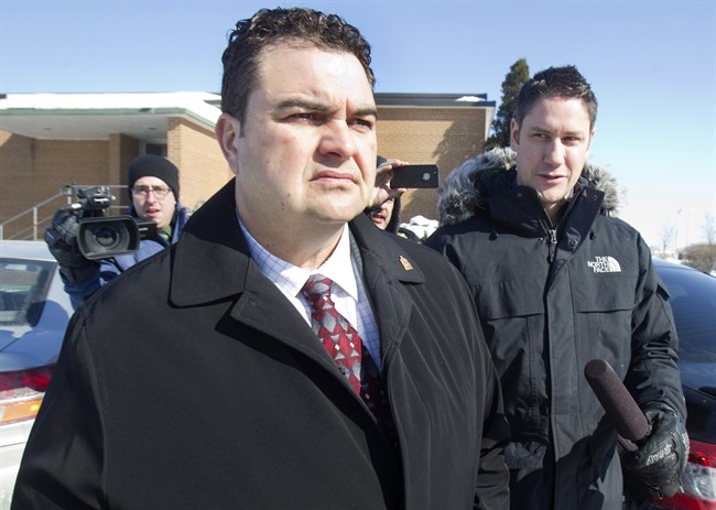 Former Conservative MP Dean Del Mastro leaves court at a sentencing hearing in Lindsay, Ont., Thursday, Feb. 19, 2015. 