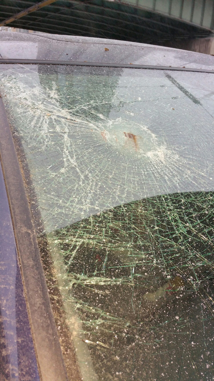 The falling concrete shattered the windshield.