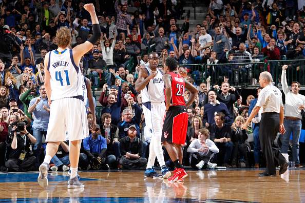 Amare Stoudemire #1 of the Dallas Mavericks celebrates during a game against the Toronto Raptors on February 24, 2015 at the American Airlines Center in Dallas, Texas.