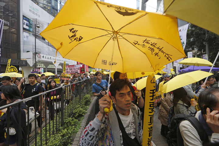 Thousands of pro-democracy activists take part in a march in Hong Kong on Sunday, Feb. 1, 2015. The government has started a second round of public consultation on democratic reform. 