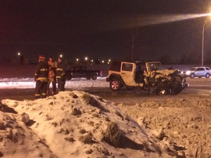 A child who was a passenger in this Jeep suffered life-threatening injuries in a crash with a semi-trailer truck on Thursday evening in Winnipeg.