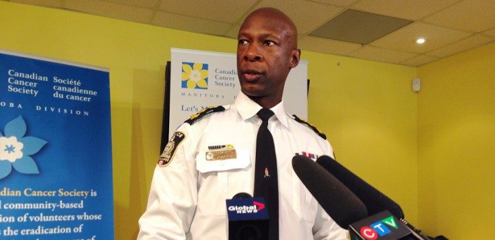 Winnipeg Police Chief Devon Clunis speaks during news conference in February, announcing that proceeds from the WPS half marathon would go to support brain cancer research.