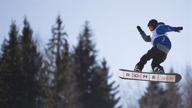Francis Jobin of Quebec is seen during the men's snowboard slopestyle on Tabor Mountain at the Canada Winter Games in Prince George, B.C. Friday, Feb. 27, 2015.