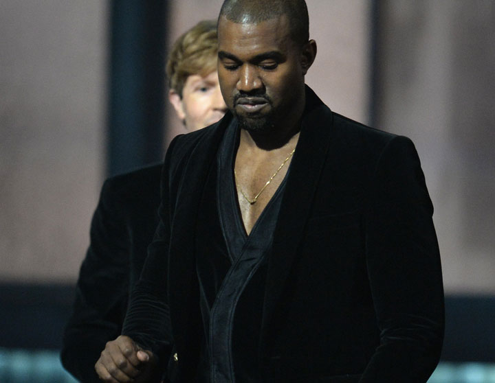 Kanye West (with Beck in behind him) at the Grammys on Feb. 8, 2015.